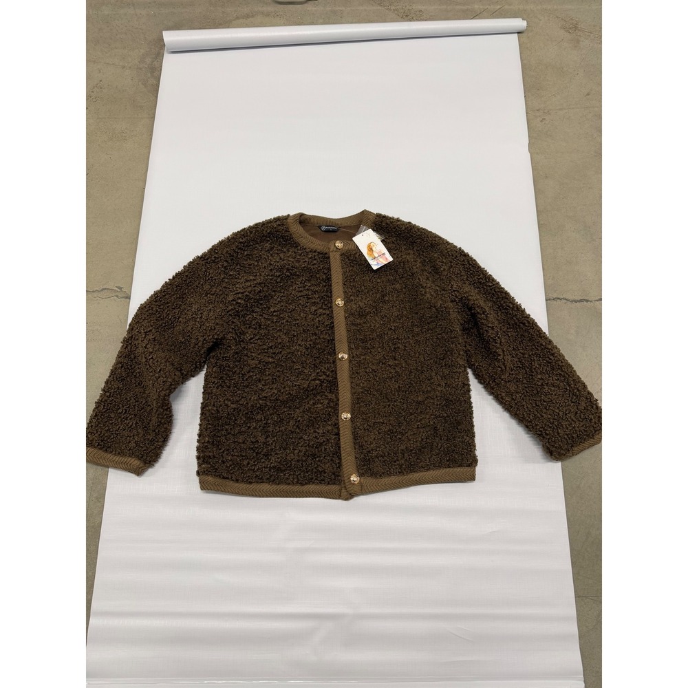 PrettyGarden Brown Sherpa Fleece Cardigan Gold Button Knit Trim Jacket Size L